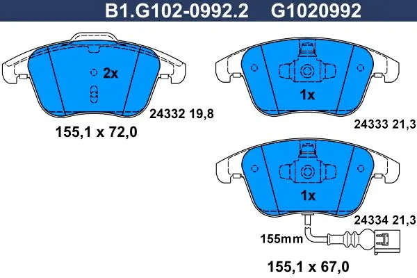 Колодки тормозные передние AUDI Q3, SEAT Alhambra, VOLKSWAGEN Sharan, Tiguan Galfer B1.G102-0992.2