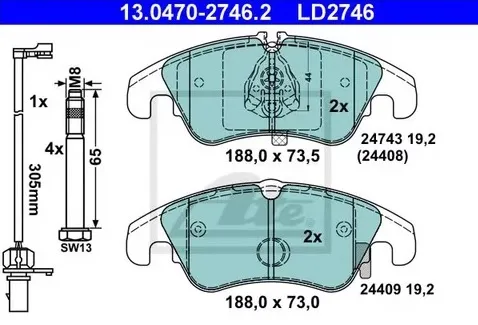 Колодки тормозные дисковые передние AUDI A4, A5 Ate 13.0470-2746.2