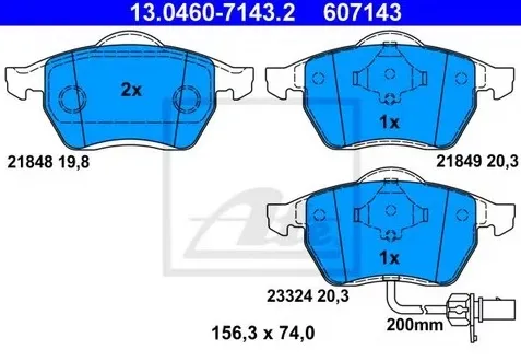 Колодки тормозные дисковые передние FORD Galaxy, SEAT Alhambra, VOLKSWAGEN Sharan Ate 13.0460-7143.2
