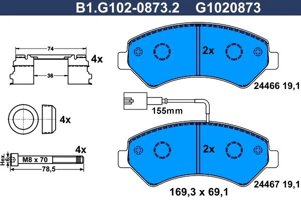 Колодки тормозные передние CITROEN Jumper, FIAT Ducato, PEUGEOT Boxer Galfer B1.G102-0873.2
