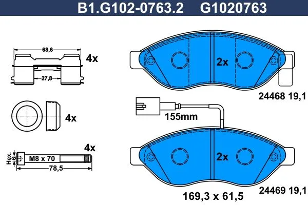 Колодки тормозные дисковые передние CITROEN Jumper, FIAT Ducato, PEUGEOT Boxer Galfer B1.G102-0763.2