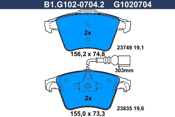 Колодки тормозные передние VOLKSWAGEN Touareg Galfer B1.G102-0704.2